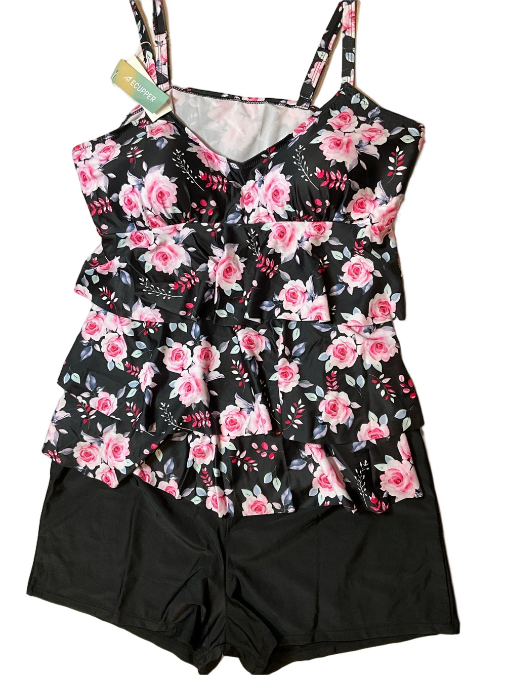 Ecupper Sleeveless Padded Tiered Two Piece Floral Tankini Swim Short Set 4XL